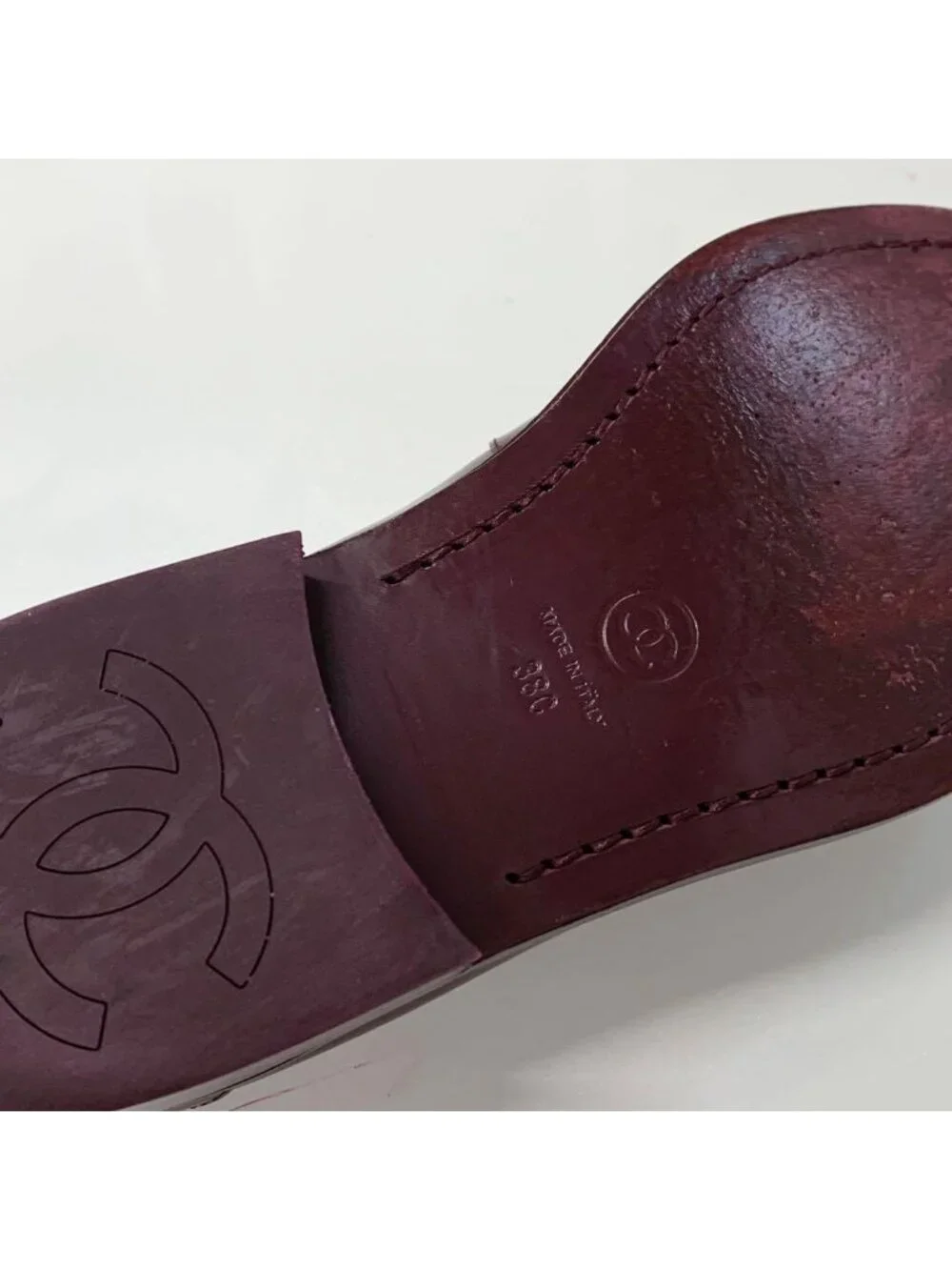 Chanel CC Logo Leather Loafers Burgundy White